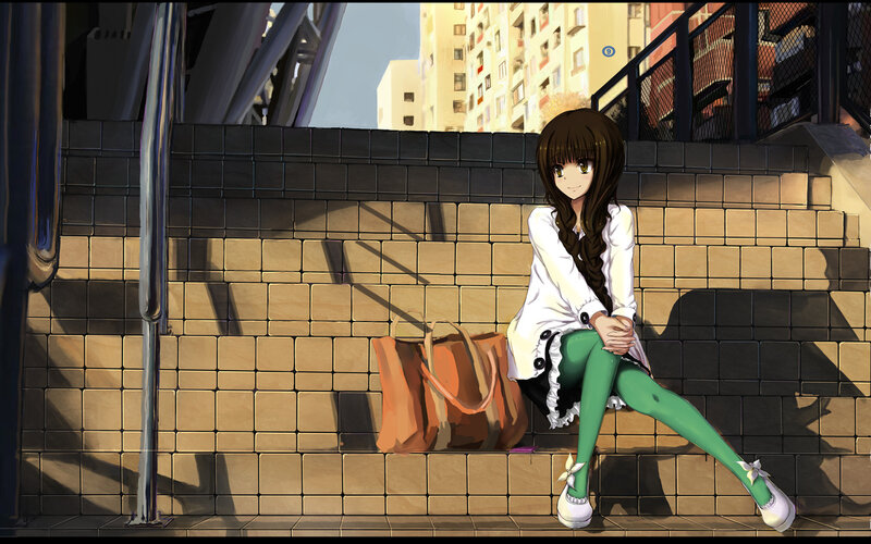 Anime Girl Sitting on Steps — Green, Calm