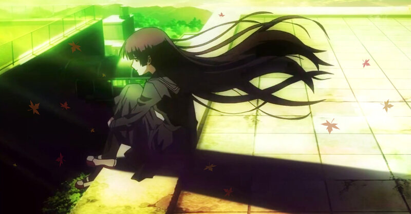 Anime Girl Sitting on Steps — Green, Melancholic