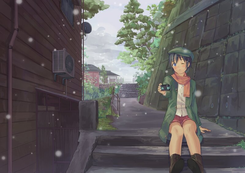Anime Girl Sitting on Steps — Green, Serene