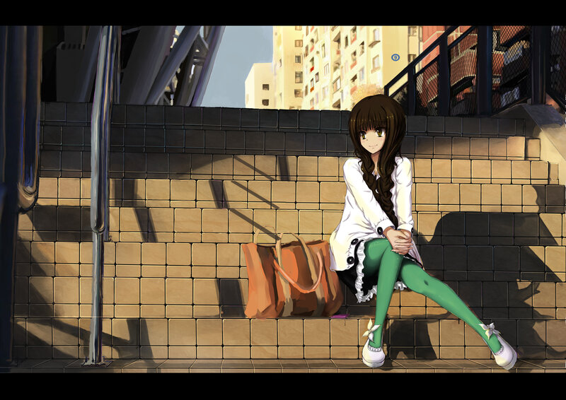 Anime Girl Sitting on Steps — Green