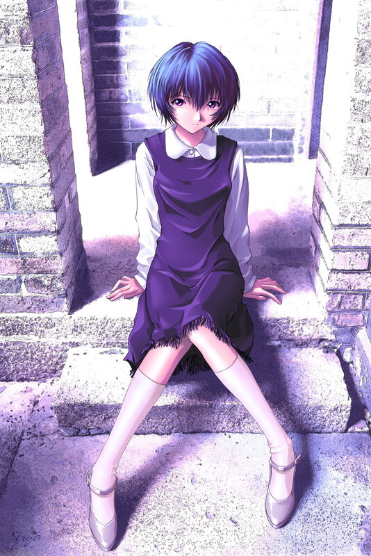 Anime Girl Sitting on Steps — Purple, Calm