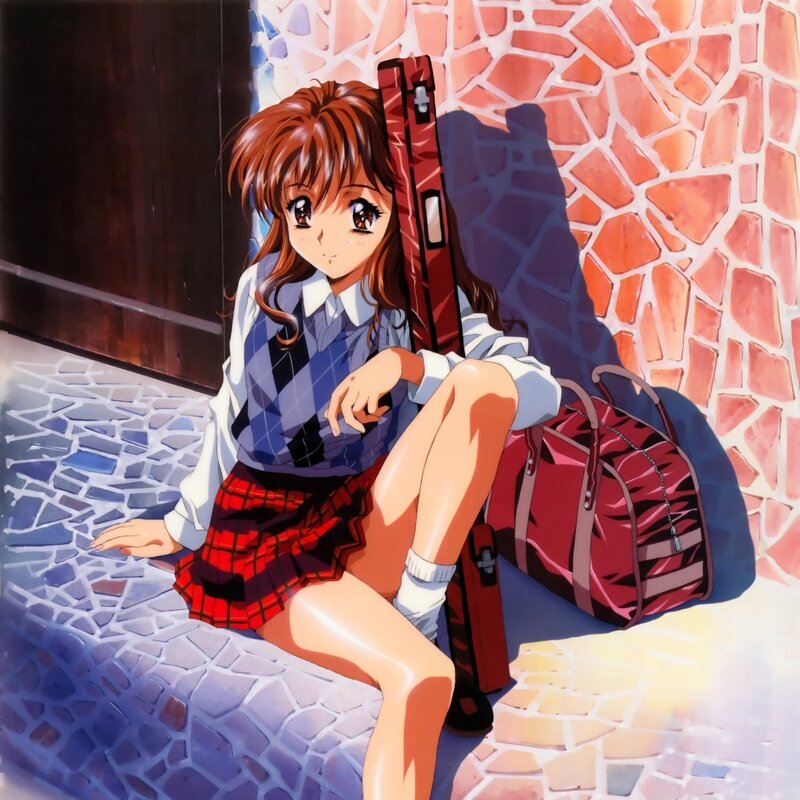 Anime Girl Sitting on Steps — Red