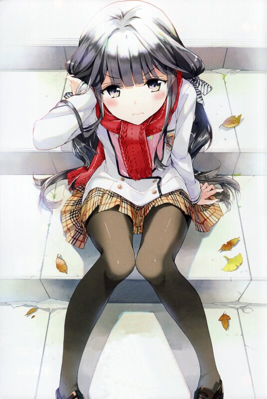 Anime Girl Sitting on Steps — White, Calm, Autumn