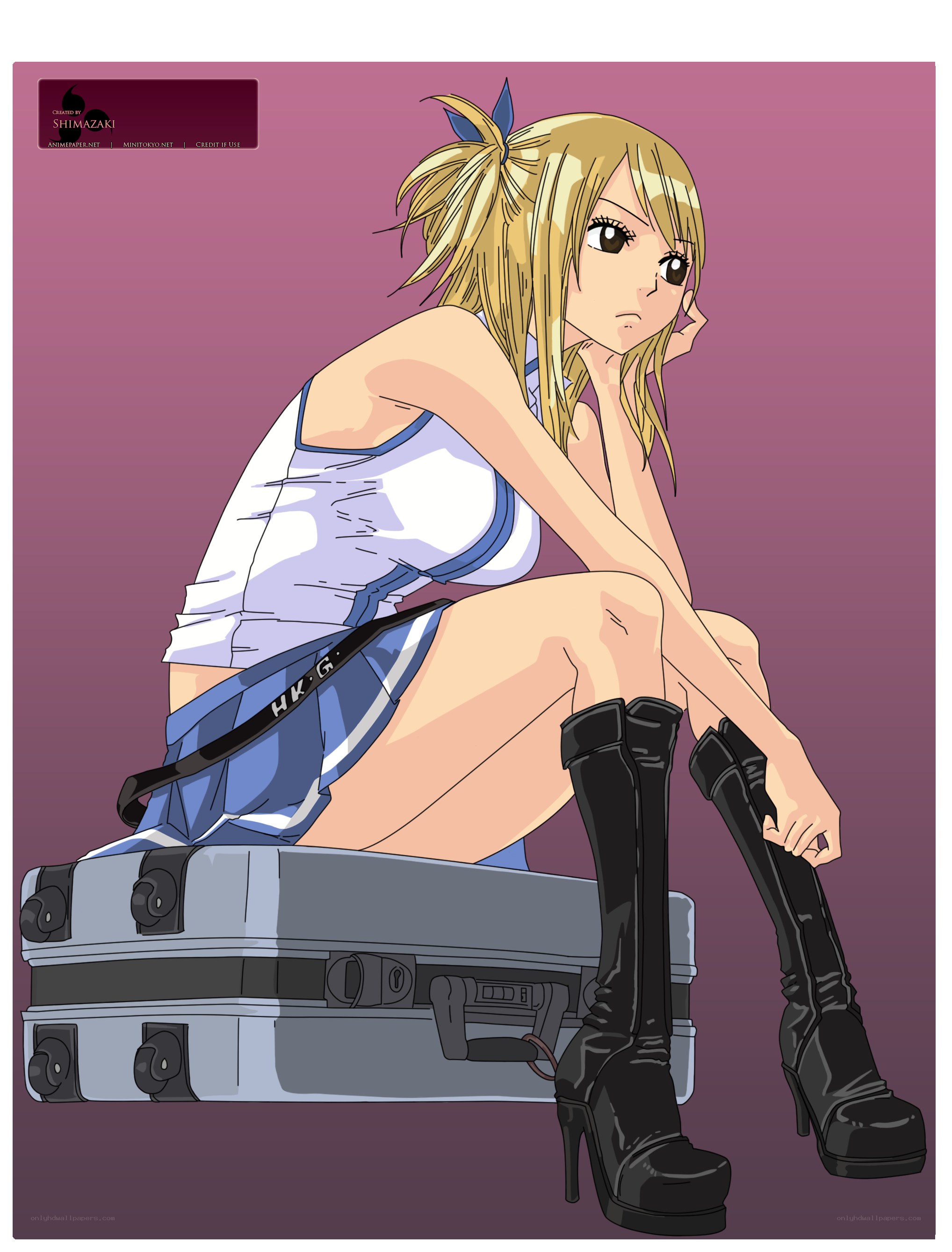 anime girl sitting on suitcase