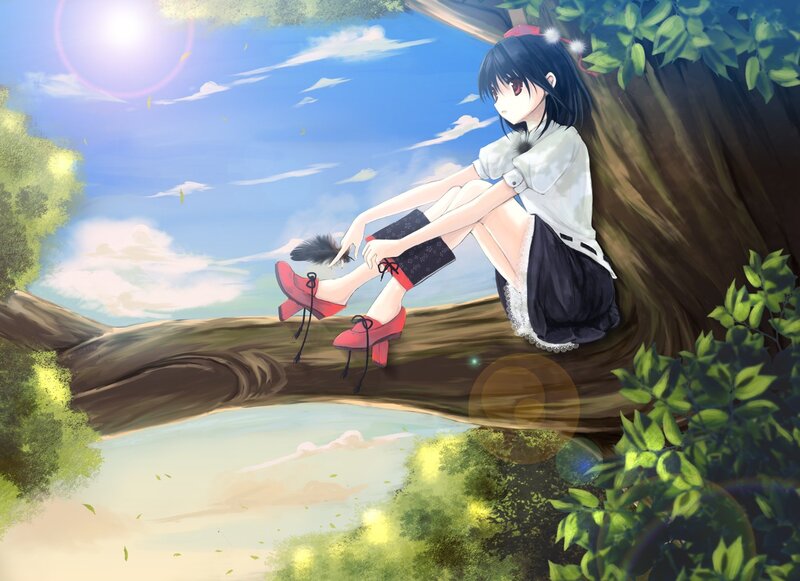 Anime Girl Sitting on Tree — Green