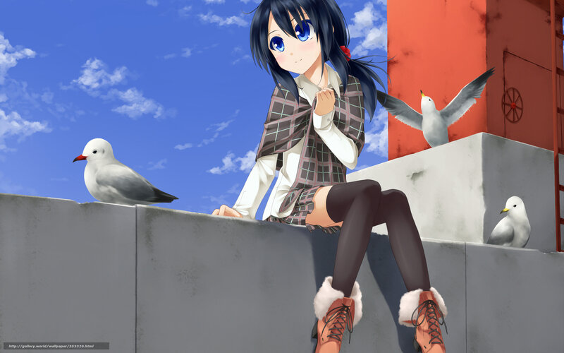 Anime Girl Sitting on Wall — Blue, Serene
