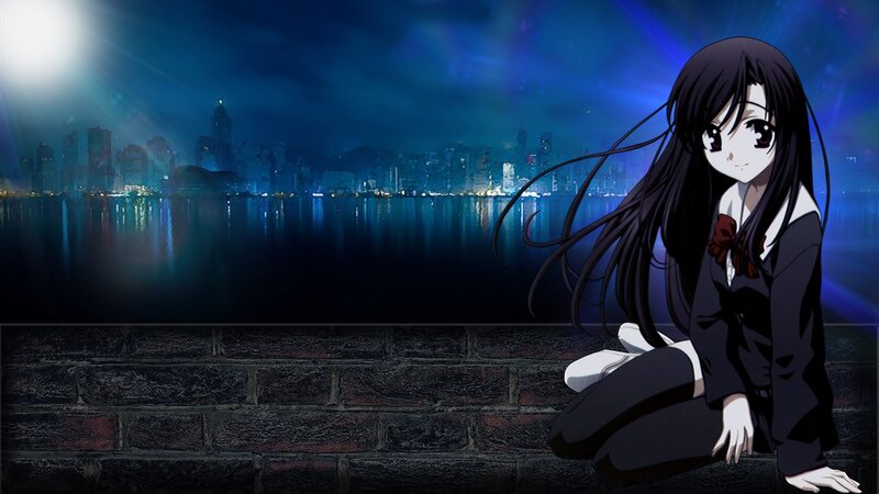 Anime Girl Sitting on Wall — Blue