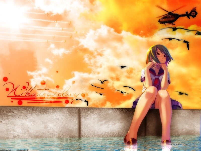 Anime Girl Sitting on Wall — Orange, Dramatic
