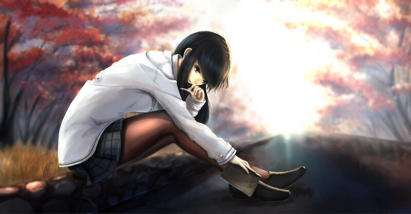 Anime Girl Sitting on Wall — White