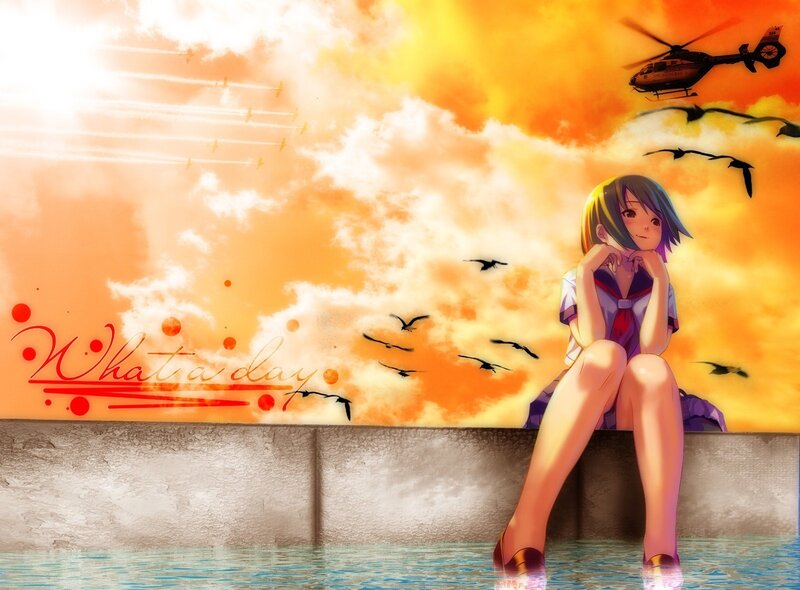 Anime Girl Sitting — Orange, Dramatic, Sunset