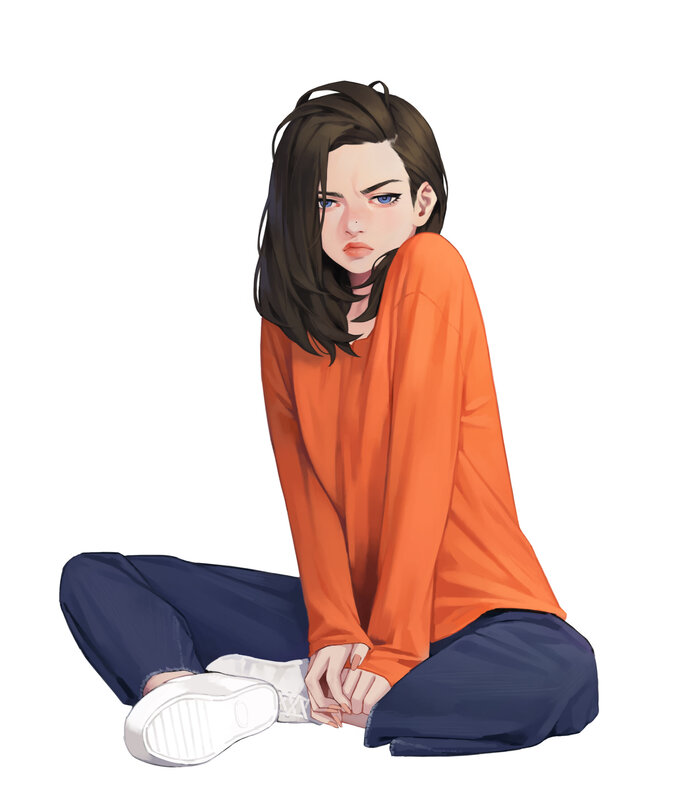 Anime Girl Sitting — Orange, Neutral