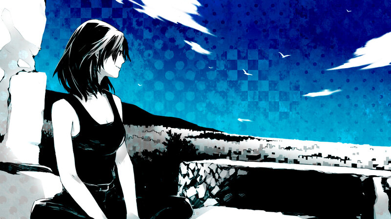 Anime Girl Sitting Outside — Blue, Serene
