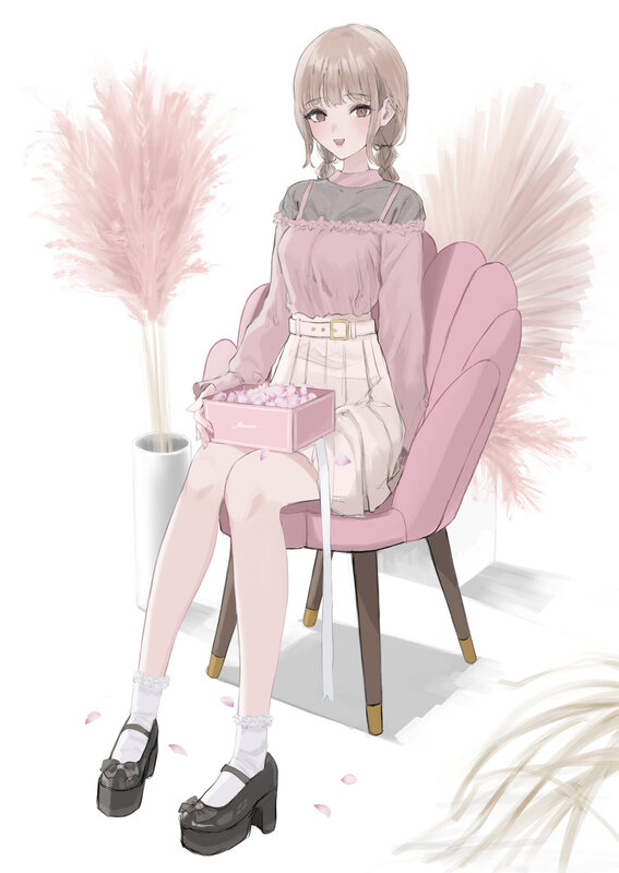 Anime Girl Sitting — Pink, Calm, Digital Art, Chair
