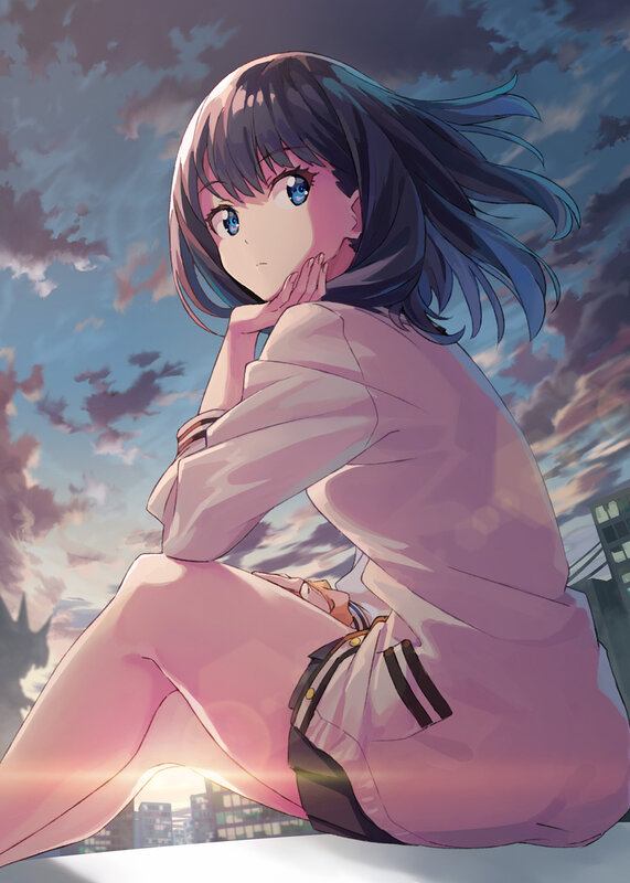 Anime Girl Sitting — Pink, Dramatic, Sunset
