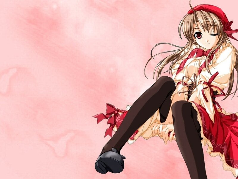 Anime Girl Sitting — Pink, Playful, Red Bow
