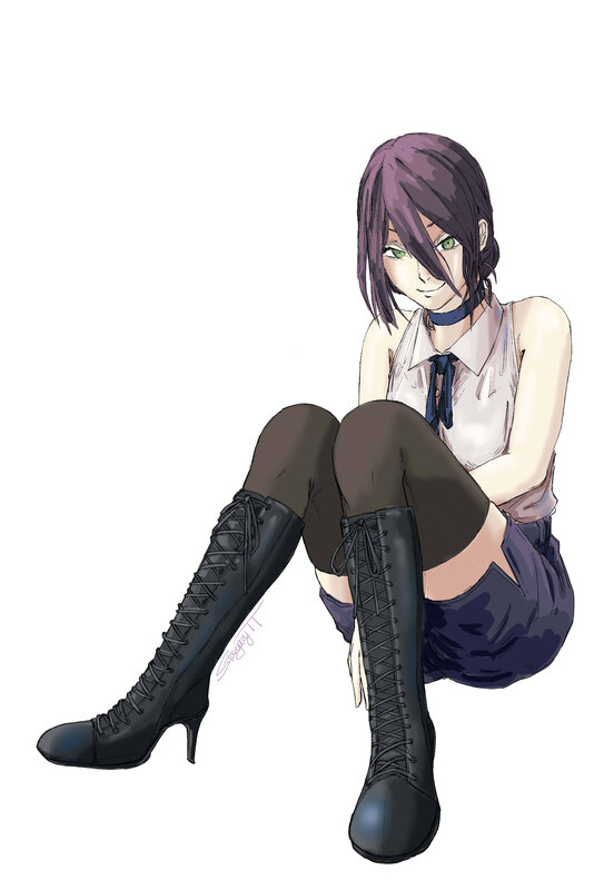 Anime Girl Sitting — Purple, Calm, Digital Art, Boots