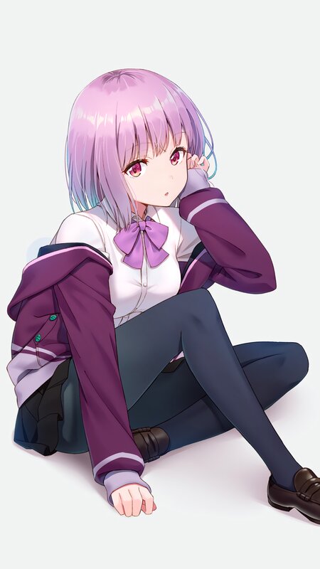 Anime Girl Sitting — Purple, Calm, Digital Art, School Uniform