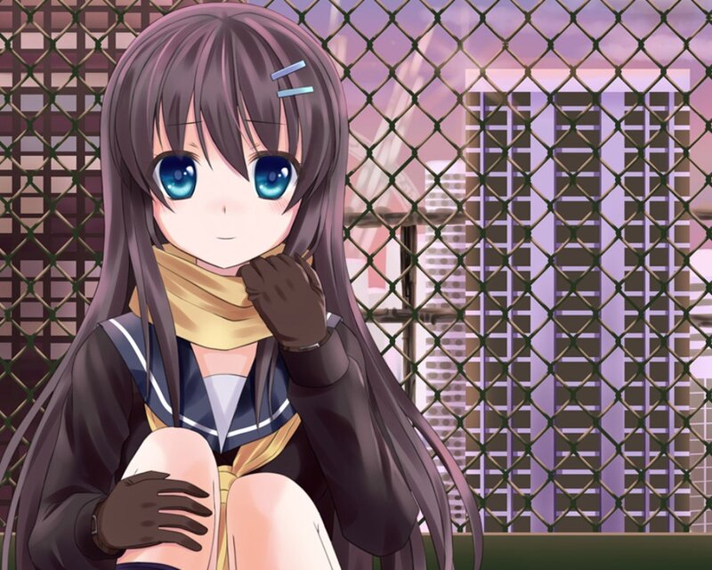 Anime Girl Sitting — Purple, Calm, Sunset