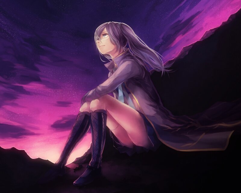 Anime Girl Sitting — Purple, Dramatic, Night