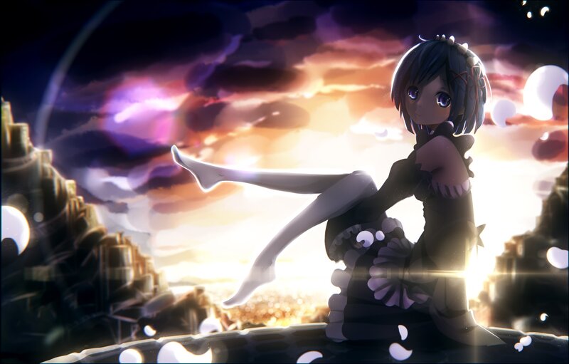 Anime Girl Sitting — Purple, Dramatic, Sunset