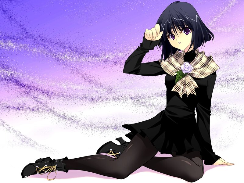 Anime Girl Sitting — Purple, Dreamy, Plaid Scarf