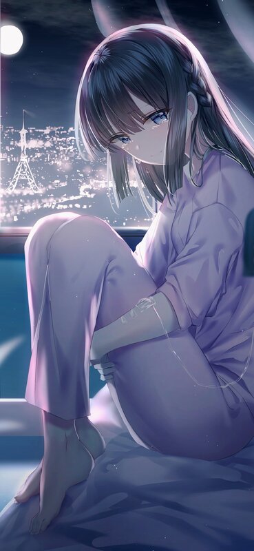 Anime Girl Sitting — Purple, Melancholic, Night, Digital Art