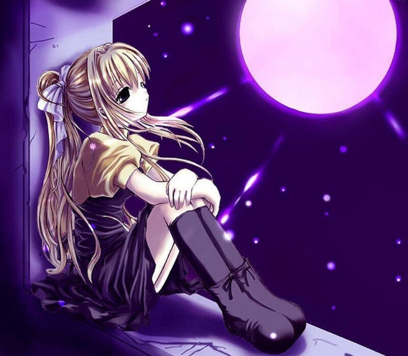 Anime Girl Sitting — Purple, Melancholic