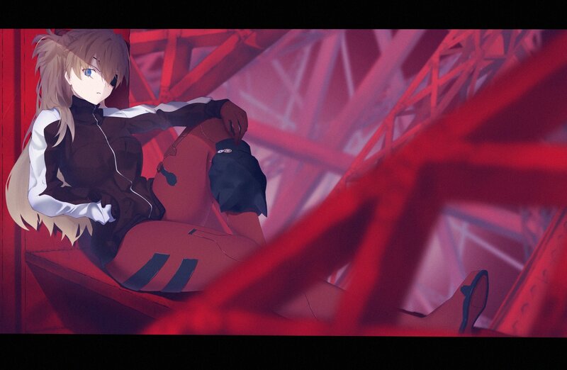 Anime Girl Sitting — Red, Dramatic, Digital Art