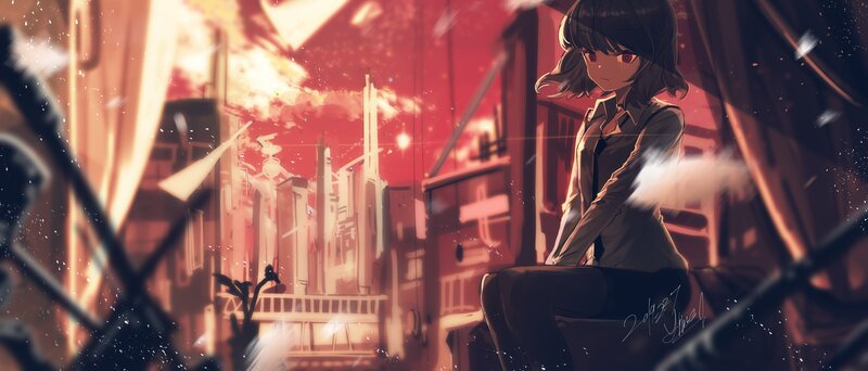Anime Girl Sitting — Red, Dramatic, Sunset
