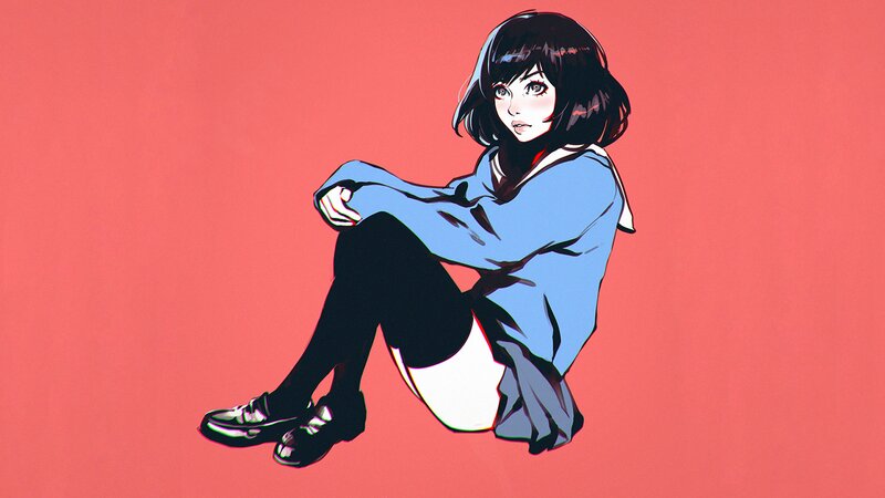 Anime Girl Sitting — Red, Neutral