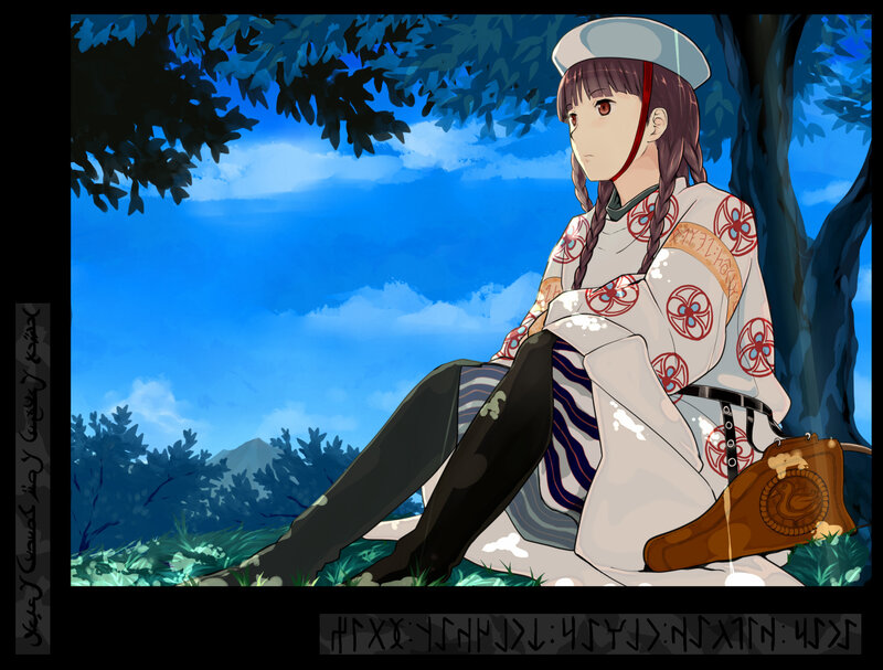 Anime Girl Sitting under Tree — Blue