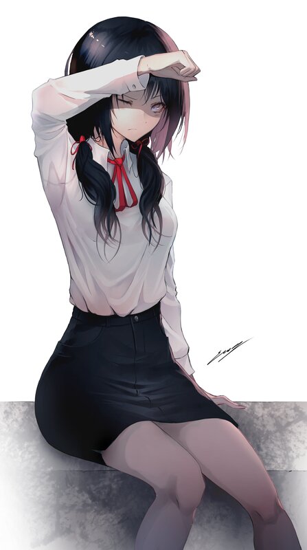 Anime Girl Sitting — White, Calm, Digital Art, School Uniform, Skirt