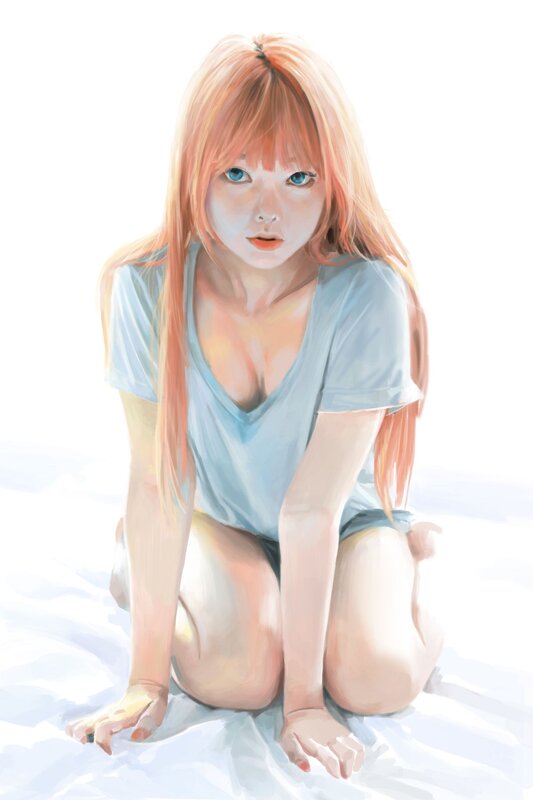 Anime Girl Sitting — White, Calm, Digital Art, T-shirt