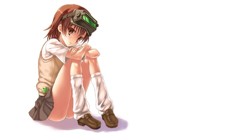 Anime Girl Sitting — White, Melancholic, Goggles