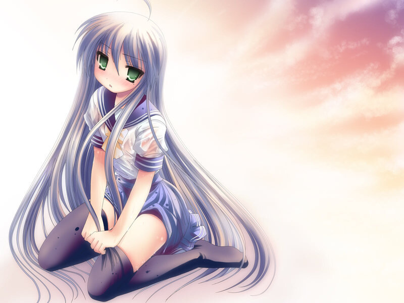 Anime Girl Sitting — White, Serene, Sunset