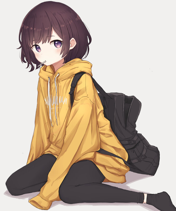 Anime Girl Sitting — Yellow, Calm, Backpack