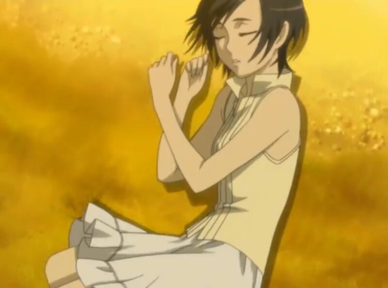 Anime Girl Sitting — Yellow, Calm, Yellow Background