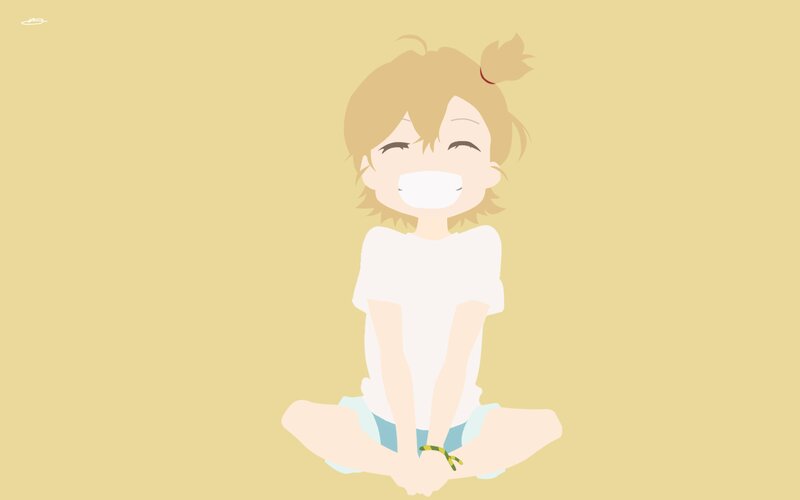 Anime Girl Sitting — Yellow, Happy, White Shirt