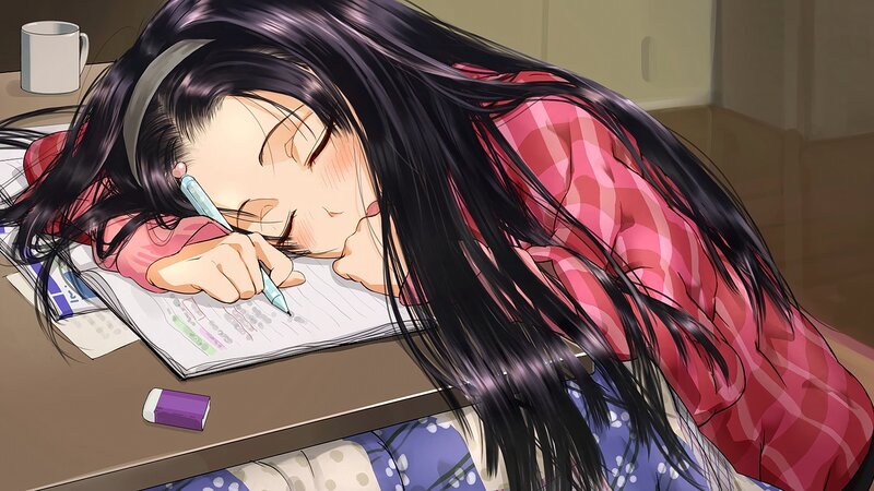 Anime Girl Sleeping at Desk — Black, Calm