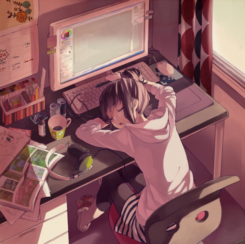 Anime Girl Sleeping at Desk — Pink