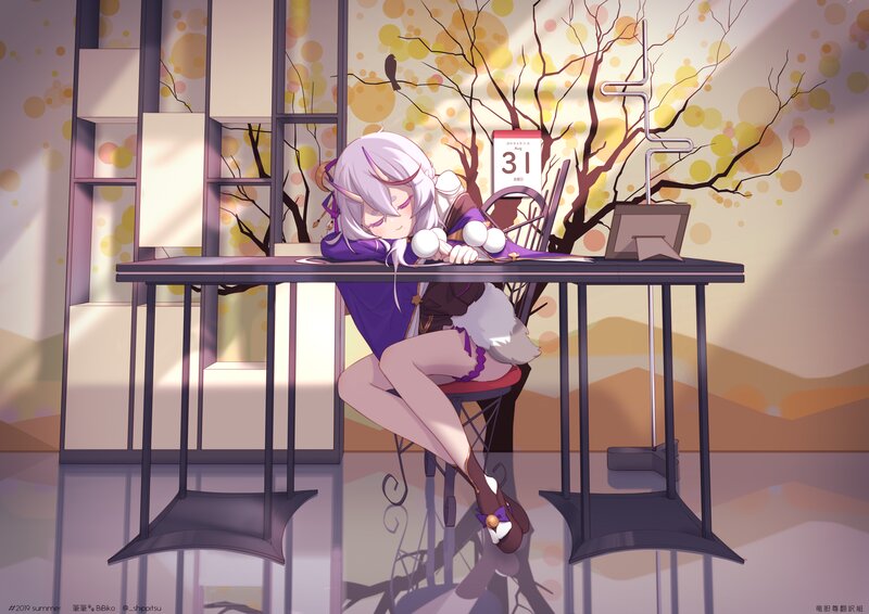 Anime Girl Sleeping at Desk — Purple, Calm, Autumn