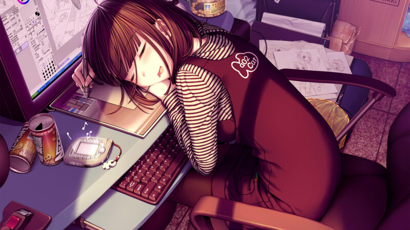 Anime Girl Sleeping at Desk — Purple, Calm, Digital Art, Computer, Keyboard