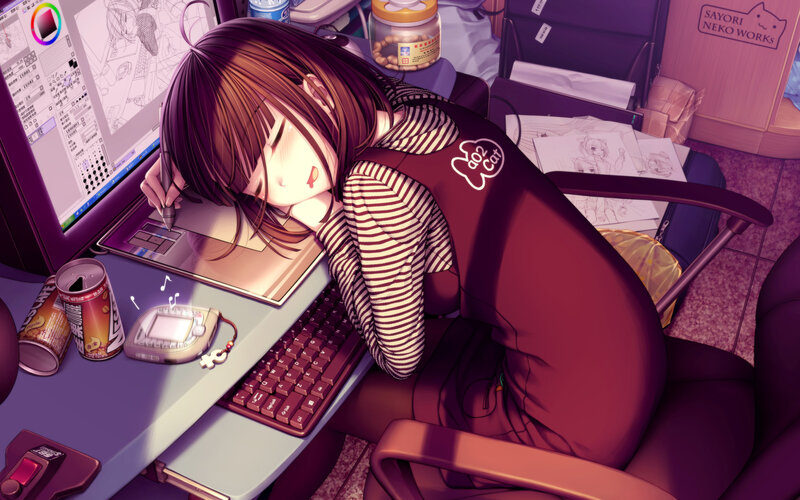 Anime Girl Sleeping at Desk — Purple, Calm, Night, Digital Art, Computer, Drawing Tablet, Cans
