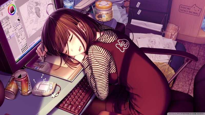 Anime Girl Sleeping at Desk — Purple, Calm, Night, Digital Art, Computer, Keyboard