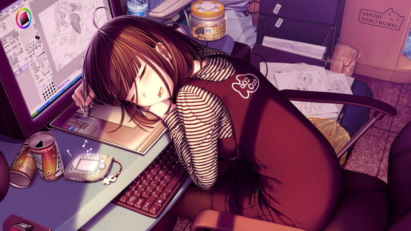 Anime Girl Sleeping at Desk — Purple, Calm, Night