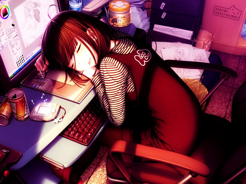 Anime Girl Sleeping at Desk — Red