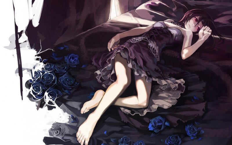 Anime Girl Sleeping — Black, Dramatic, Digital Art