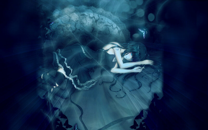 Anime Girl Sleeping — Blue, Dreamy, Night, Digital Art, Butterflies