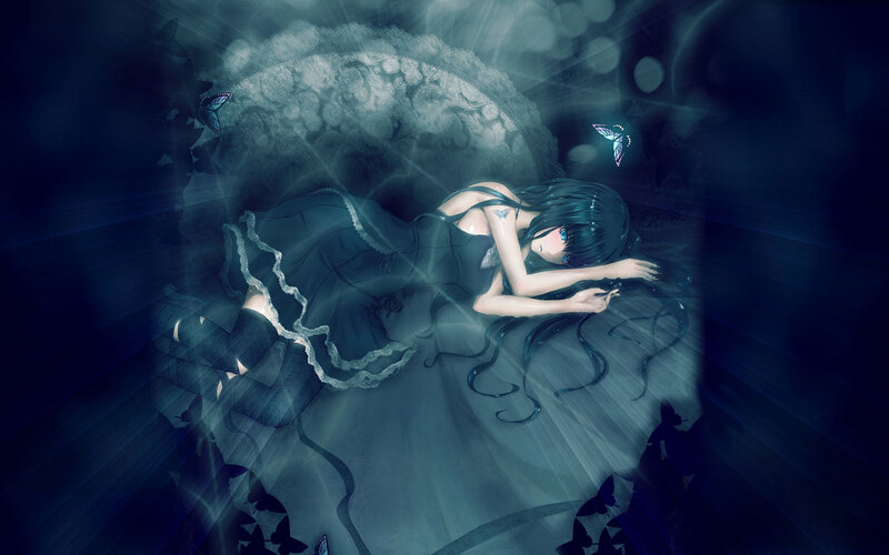 Anime Girl Sleeping — Blue, Dreamy, Night