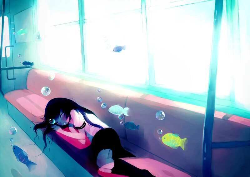 Anime Girl Sleeping — Blue, Serene, Digital Art